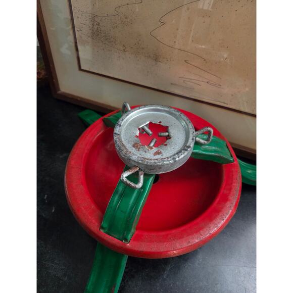 Vintage 1940s Metal Christmas Tree Stand Red & Green Adjustable Mid Century - Picture 3 of 8